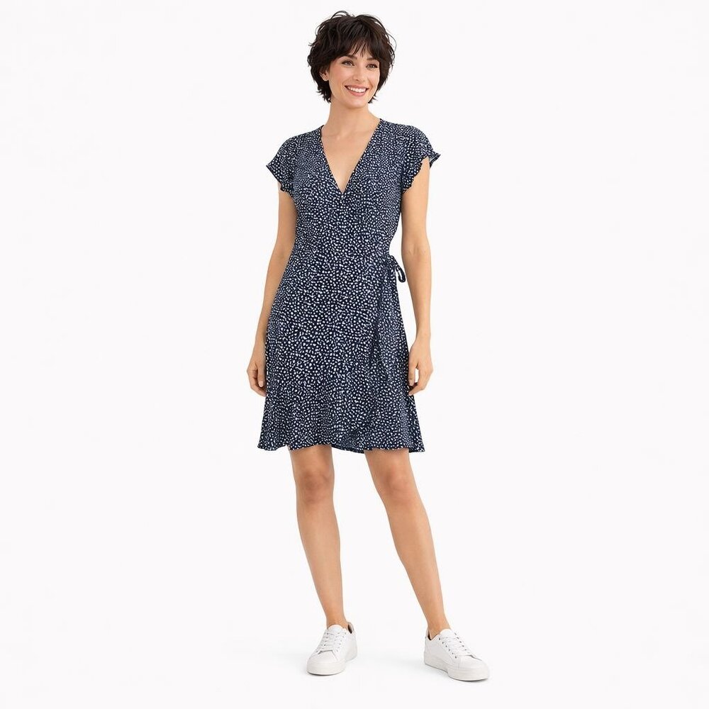 Banana Republic Navy Wrap Dress Size 2 Ruffle Hem & Flutter Sleeves Polka Dot